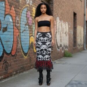 Dolls Kill House of Widow Hysteria Skulls Print Midi Skirt Goth Size S Gothic